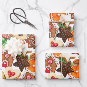 Orangefärbte Weihnachtskekse und Bonbons Geschenkpapier Set
