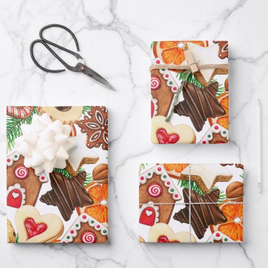 Orangefärbte Weihnachtskekse und Bonbons Geschenkpapier Set (Vorderseite)