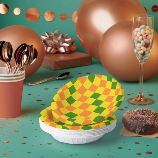 Orangegelbe grün karierte Musterdesign Pappteller (Multi)