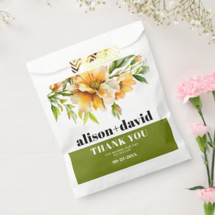 Orangegelbe Rhododendren- und Typografie-Hochzeit Geschenktütchen
