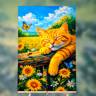 Orangekatze, die friedlich auf einem rustikalen Ho Acrylschild