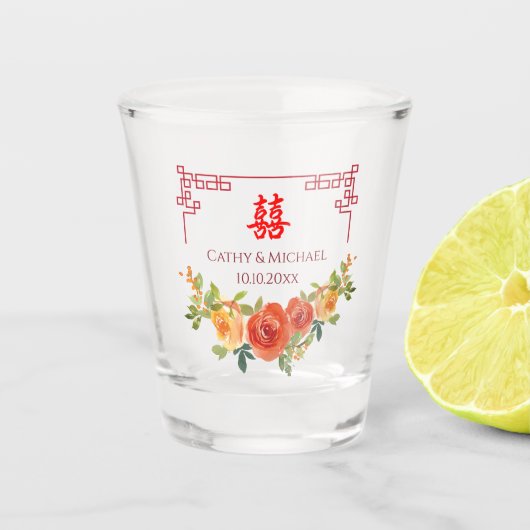 Orangelbe Blumen Chinesische Rahmenhochzeit Schnapsglas (Vorderseite)
