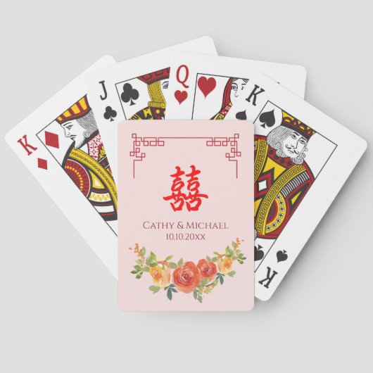Orangelbe Blumen Chinesische Rahmenhochzeit Spielkarten (Rückseite)