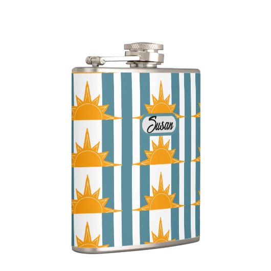 Orangelbe Sonnen auf Aquamarinen Streifen Flachmann (Rechts)