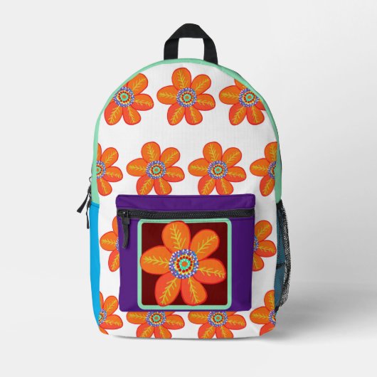 Orangelbe violette Blumen Bedruckter Rucksack (Vorderseite)