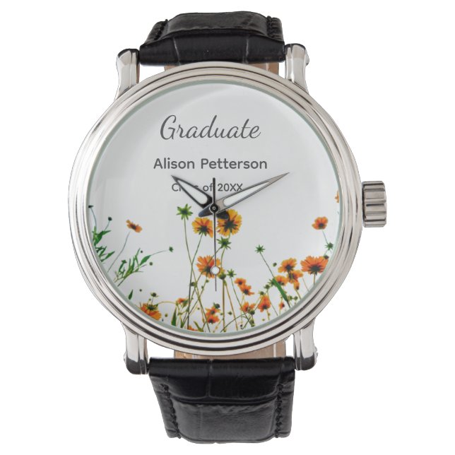 Orangelbe Wildblumen Moderne Graduate rustikal Armbanduhr (Vorderseite)