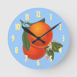 Orangen auf blauem antiken Kasten Kunstuhr Runde Wanduhr