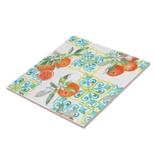 Orangen auf blauem und gelbem Mittelmeer-Muster Fliese (Seite)