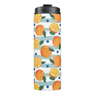 Orangen auf gestreiftem Hintergrund, Sommer Muster Thermosbecher