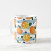 Orangen auf gestreiftem Hintergrund, Sommermuster. Kaffeetasse (Vorderseite Links)