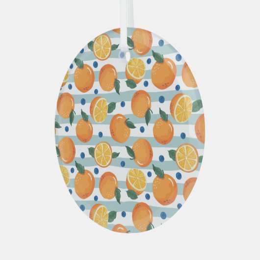 Orangen auf gestreiftem Hintergrund, Sommermuster. Ornament Aus Glas (Vorderseite links)
