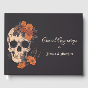 Orangen Blumen Elegante Florale Schädel Hochzeit Gästebuch