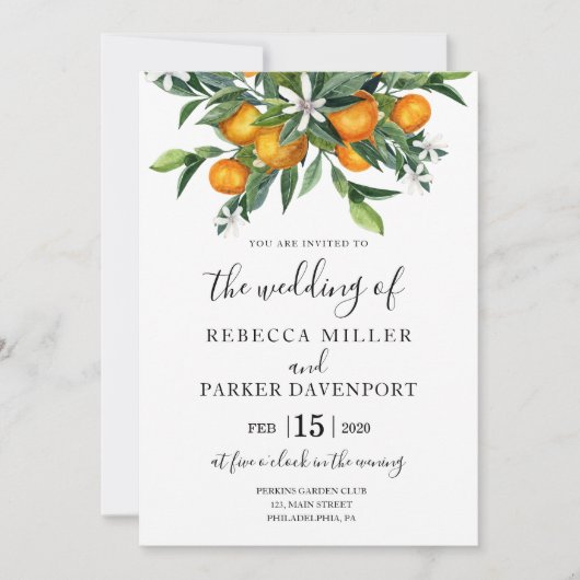Orangen-Botanische Hochzeit Einladung (Vorderseite)