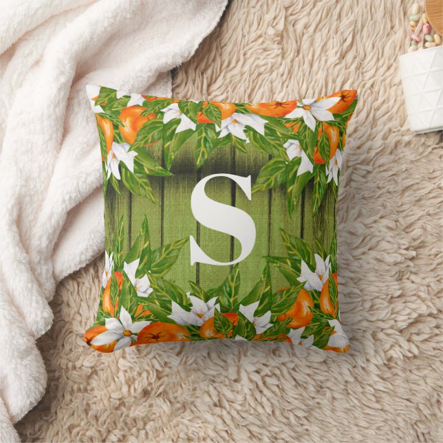 Orangen Frucht Country Autumn Green Wood Monogram Kissen (Decke)
