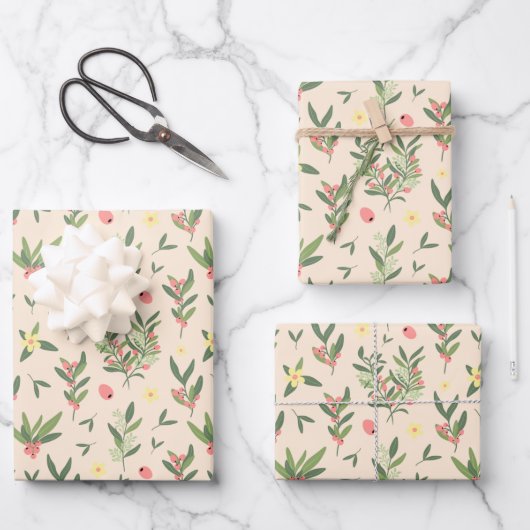 Orangen-, Grün- und Lachszweigmuster Geschenkpapier Set (Vorderseite)