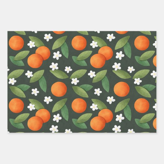 Orangen, grüne Blätter und Muster der weißen Blume (Vorderseite 3)