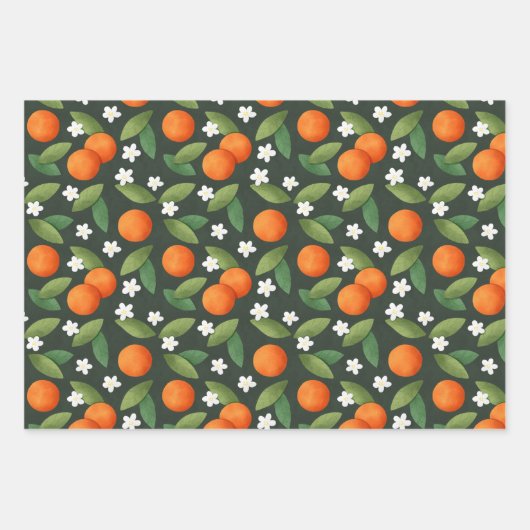 Orangen, grüne Blätter und Muster der weißen Blume (Vorderseite 2)