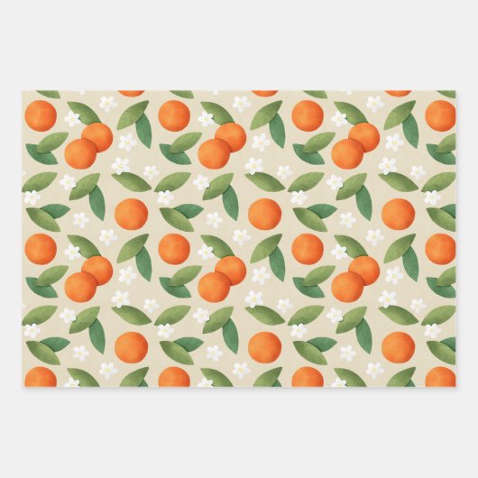 Orangen, grüne Blätter und Muster der weißen Blume (Vorderseite)