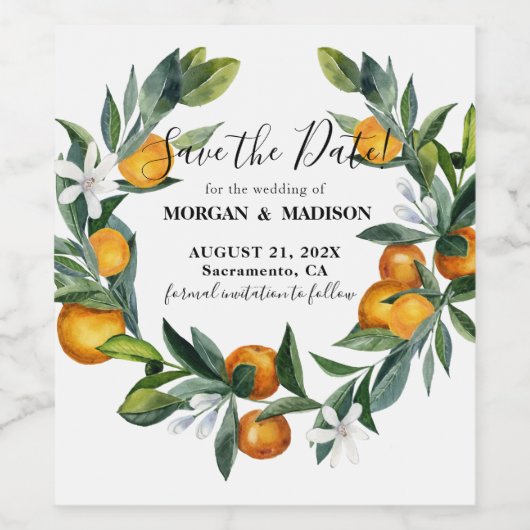 Orangen Kranz Hochzeit Speichern Sie das Datum Wei Weinetikett (Einzelnes Label)