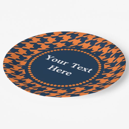 Orangen-/Marine-Hahnentrittmuster Pappteller (Schrägansicht)