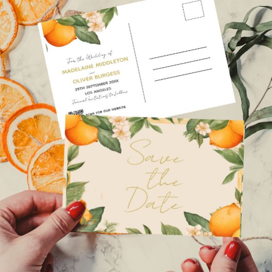 Orangen-Overlay für Hochzeiten Save the Date Ankündigungspostkarte