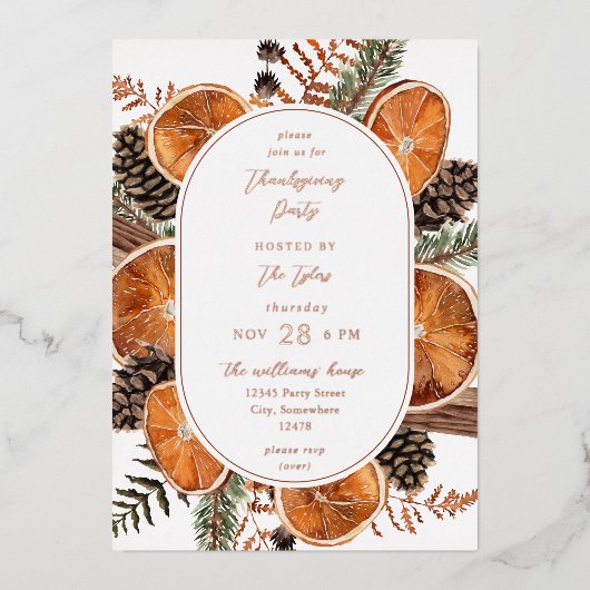 Orangen Rustikale Feiertage Erntedank Abendessen Folieneinladung (Vorderseite)