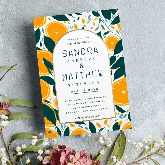 Orangen-Sommerfrüchte botanisches Blattwerk Hochze Einladung