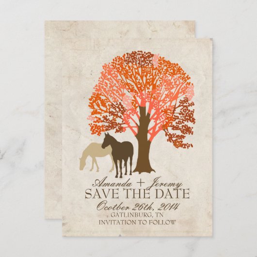 Orangen- und Brauner Herbstpferde Save the Date Ankündigungspostkarte (Vorne/Hinten)