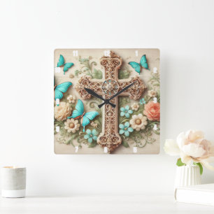 Orangen- und Gelbrosen, Blumensträuße Quadratische Wanduhr