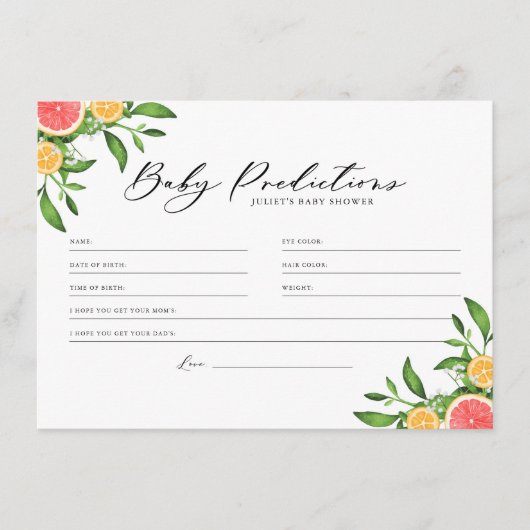 Orangen und Grapefruits Baby Predictions Spielkart Hinweiskarte (Vorderseite)