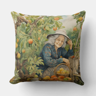 Orangen und Pfirsiche Dame mit grauen Haaren und H Kissen