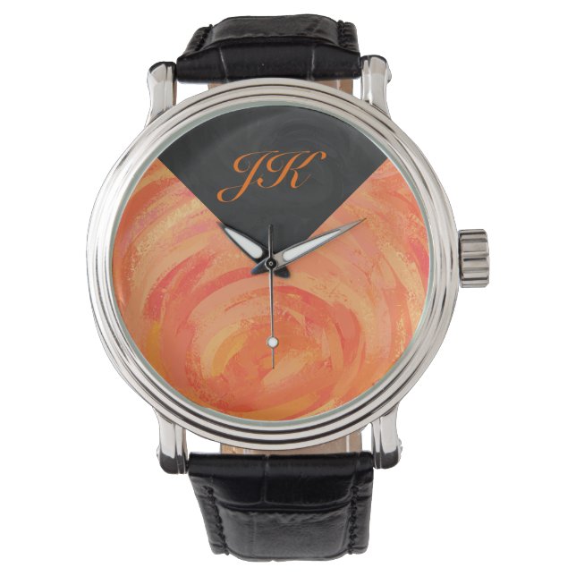 Orangen- und Schwarze Monogramm-Feuersee Armbanduhr (Vorderseite)