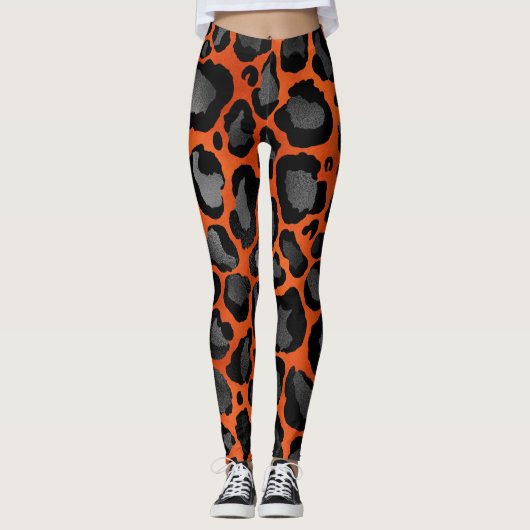 Orangen- und Schwarzleoparddruck Leggings (Vorderseite)