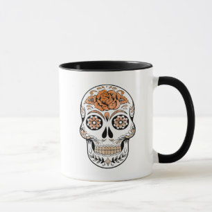 Orangen- und Schwarzzuckerschädel und Halloween-Ro Tasse
