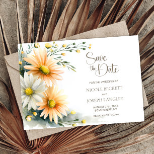 Orangen- und weiße Gänseblümchen Hochzeit Termin v Save The Date