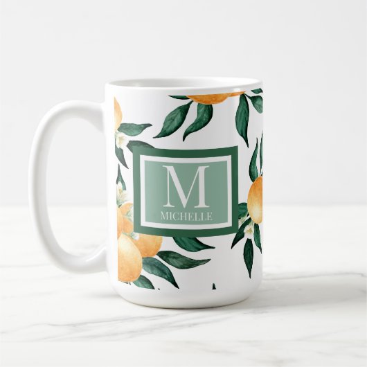 Orangen-Zitrus-Aquarell-Monogramm-Name Kaffeetasse (Links)