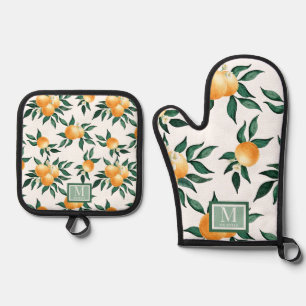 Orangen-Zitrus-Aquarell-Monogramm-Name Ofenhandschuh & Topflappen-Set