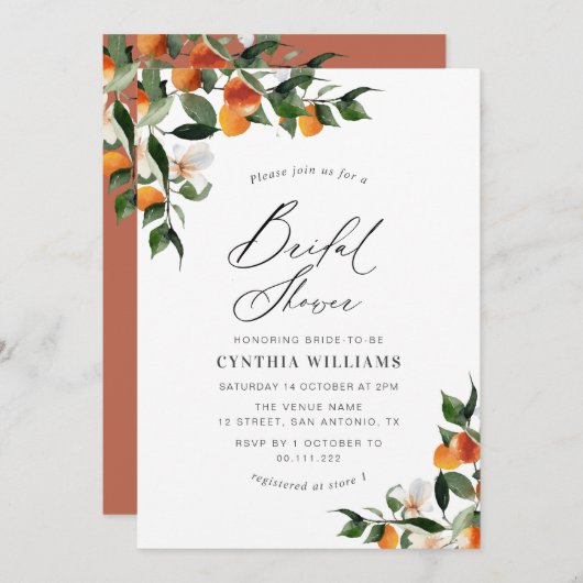 Orangen Zitrusfrüchte Brautdusche Einladung (Vorne/Hinten)
