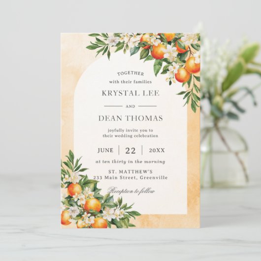 Orangen Zitrusfrüchte Grünpflanzen Orchard Hochzei Einladung (Stehend Vorderseite)