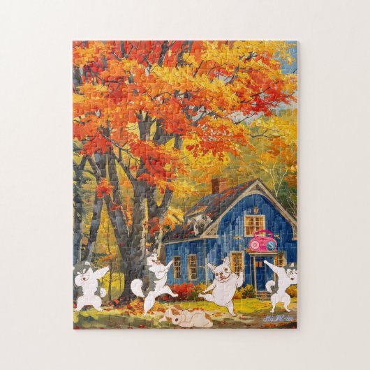 Orangenbaumhunde Hütten Sonnenuntergang Puzzle (Vertikal)