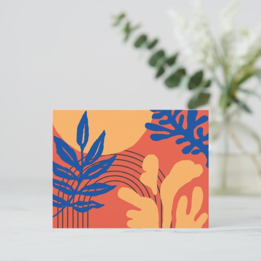 Orangenblau Gelb Abstrakte botanische Formen Postkarte (Stehend Vorderseite)