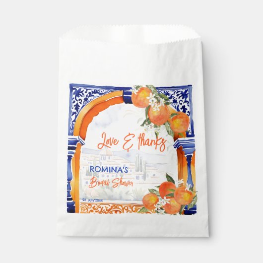 Orangenblaues Azulejo Spanisches Brautparty bevorz Geschenktütchen (Vorderseite)