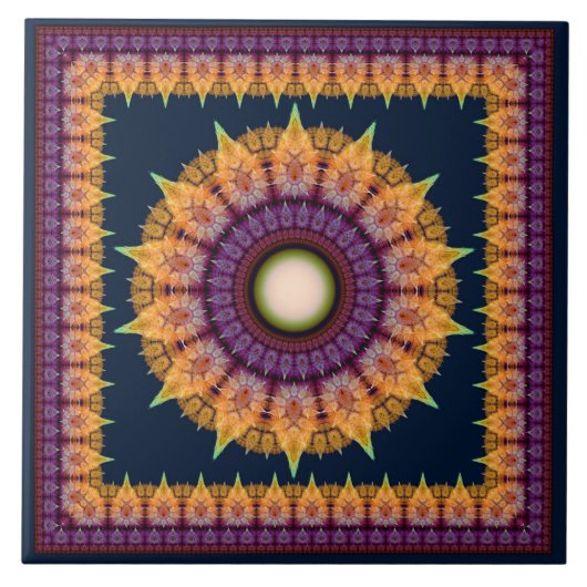 Orangenblaues Fraktal gerahmte Ornamente Fliese (Vorderseite)