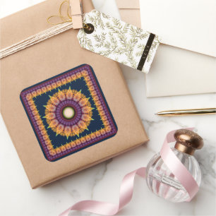 Orangenblaues Fraktal gerahmte Ornamente Quadratischer Aufkleber