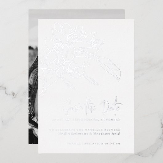 Orangenblüte Foto Hochzeit speichern Sie das Datum Folieneinladung (Vorderseite/Rückseite)