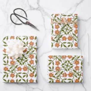 Orangenblüten, Blumenmuster, Grünpflanzen, Boho Geschenkpapier Set