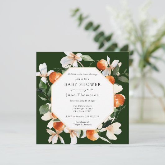 Orangenblüten und Clementinen Babydusche Einladung (Stehend Vorderseite)