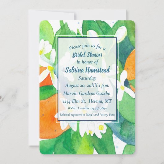 Orangenblüten Zitrusfrüchte Brautparty Einladung (Vorderseite)