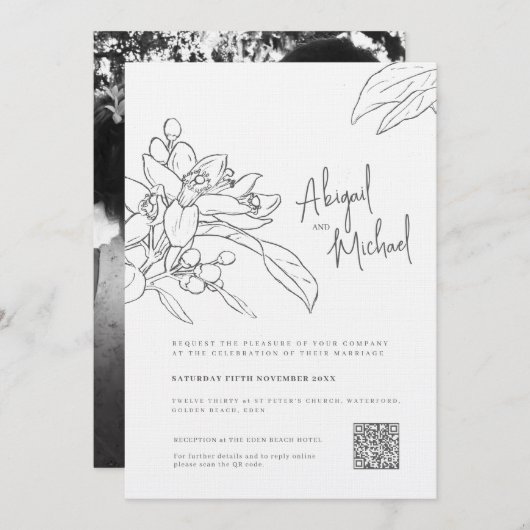 Orangenblütenskizze Mono Foto Hochzeit Einladung (Vorne/Hinten)