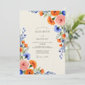 Orangene blühende Sommerhochzeit Einladung (Stehend Vorderseite)
